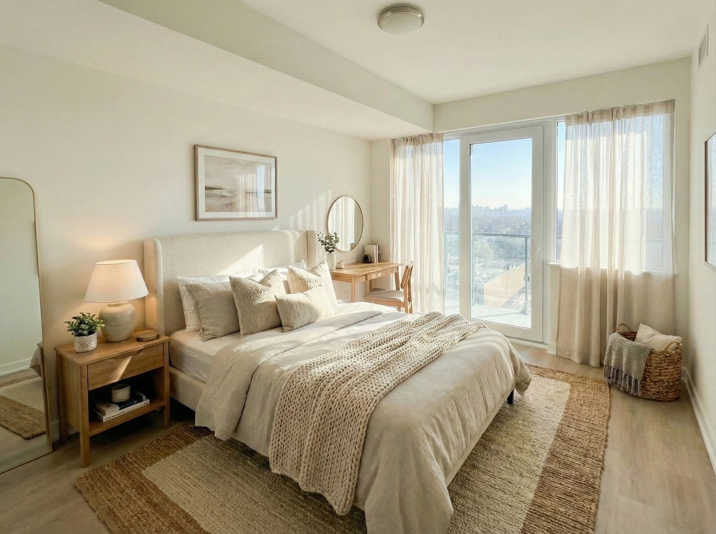 Primary bedroom in 1+1 luxury condo with 9-foot ceilings and west-facing windows at 15 Ellerslie Avenue