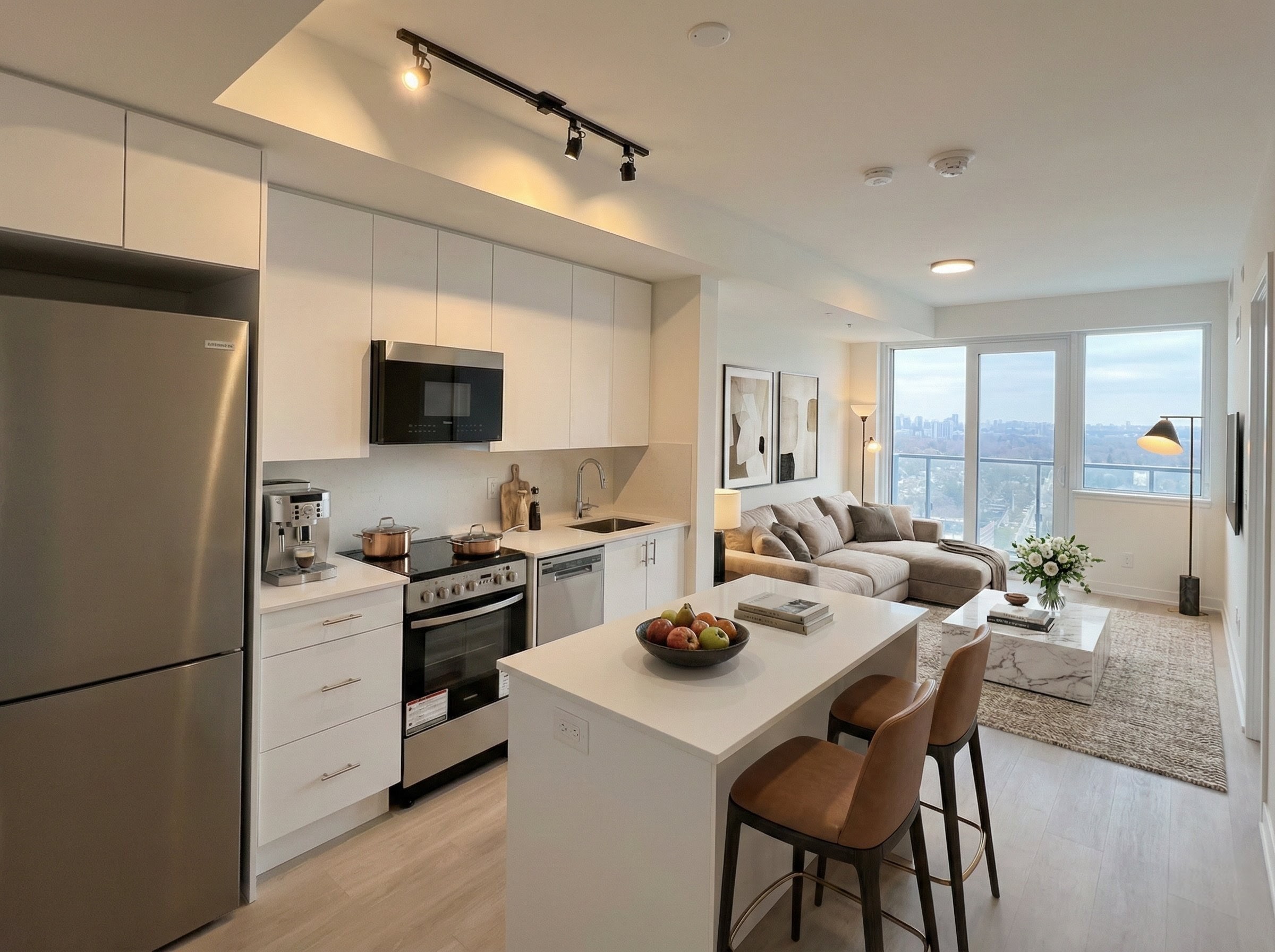 Open-concept kitchen and living room in Unit 2611 with floor-to-ceiling windows and unobstructed west-facing views from 26th floor at Ellie Condos